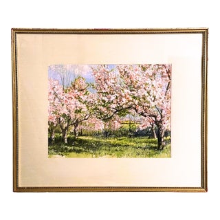 1970s Springtime Apple Trees a Watercolor and Gauche Painting by Charles T Haight, a Famous Interior Designer. For Sale