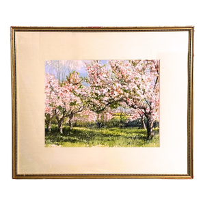 1970s Springtime Apple Trees a Watercolor and Gauche Painting by Charles T Haight, a Famous Interior Designer.