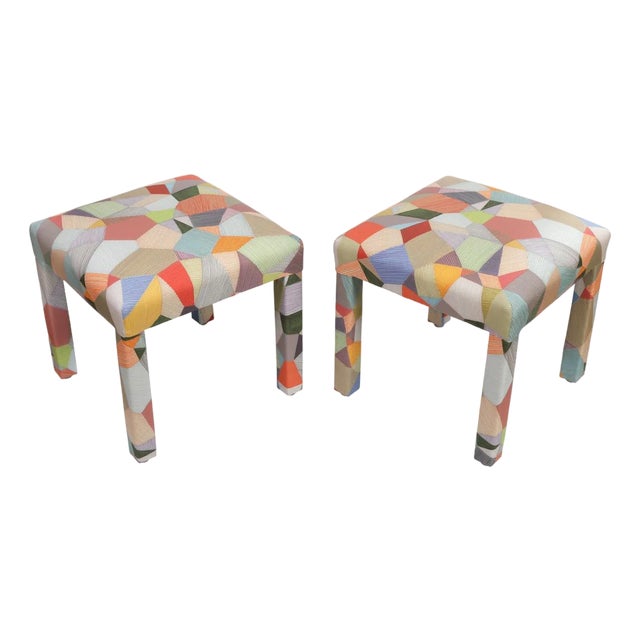 Pair of Newly Upholstered Multicolor Strie Patchwork Benches For Sale