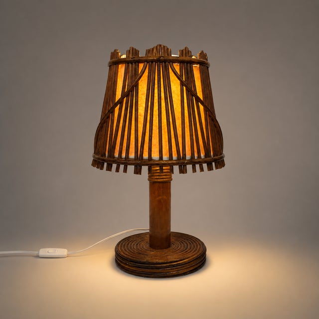 Stained cane table lamp with a paper inner shade. Original wiring, works perfectly. E14 socket. In very good condition,...