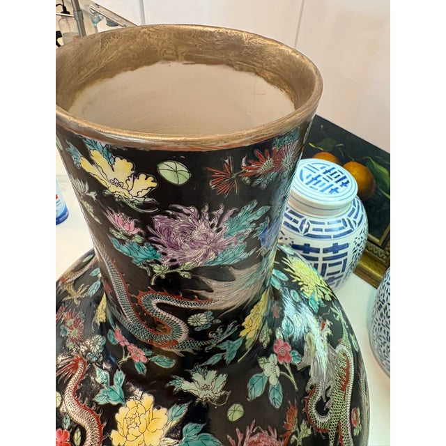 Momumental Vintage Chinese Black Ground Dragon & Floral Porcelain Floor Vase With Gilt Rim For Sale - Image 18 of 18