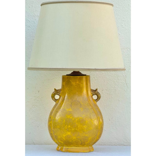 Sunny yellow glazed oval table lamp with yellow gold chrysanthemum motif, 1950’s Kutani Japanese vase made into a lovely...