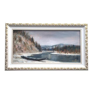 Framed Original Painting Winter River Landscape by Valeriya Serova For Sale