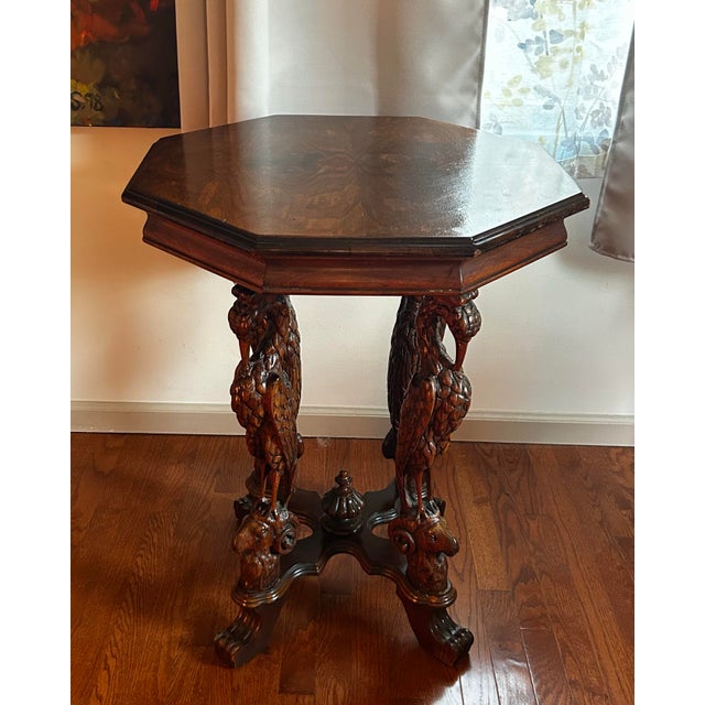 Chestnut Antique 1920’s Figural Carved Storks With Rams Heads Octagonal Lamp Table For Sale - Image 8 of 12