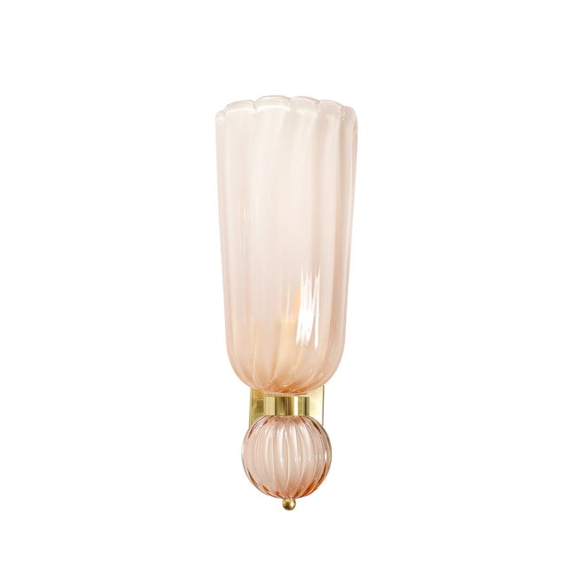 Modern Modernist Hand-Blown Fluted Murano Glass Sconces W/ Orbital Drop in Frosted Rose For Sale - Image 3 of 12