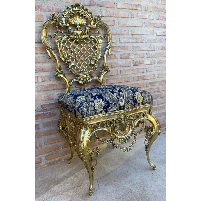1930s Italian Rococo Style Giltwood Chair with Rich Blue Damask Upholstery For Sale - Image 10 of 18