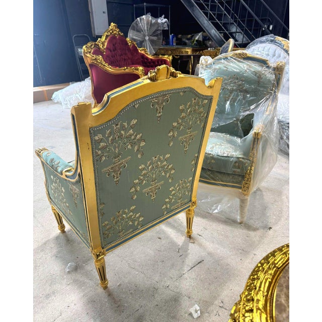 French Louis XV Style Blue-Green Bergere Wing Chair Set of 2 Chairs For Sale - Image 4 of 7