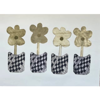 Original Four Flower Pots Still Life Print in Green and Black by Lisa Lightman For Sale