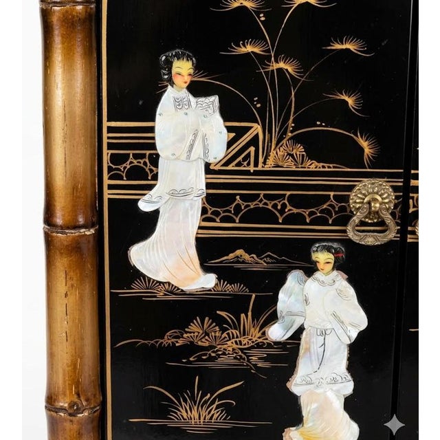 Paint Vintage Black Lacquer & Faux Bamboo Chinoiserie Narrow Accent Cabinet With Mother-of-Pearl Inlay For Sale - Image 7 of 10
