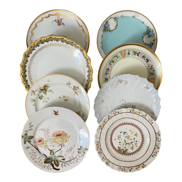 Antique Limoges France + Mismatched Floral Plates Set of 8 For Sale