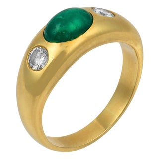 Vintage Emerald Diamond Bezel Set 18k Yellow Gold Ring, Size 5.5 For Sale