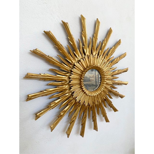 Mid 20th Century Sunburst Carved Golden Mirror For Sale - Image 6 of 10