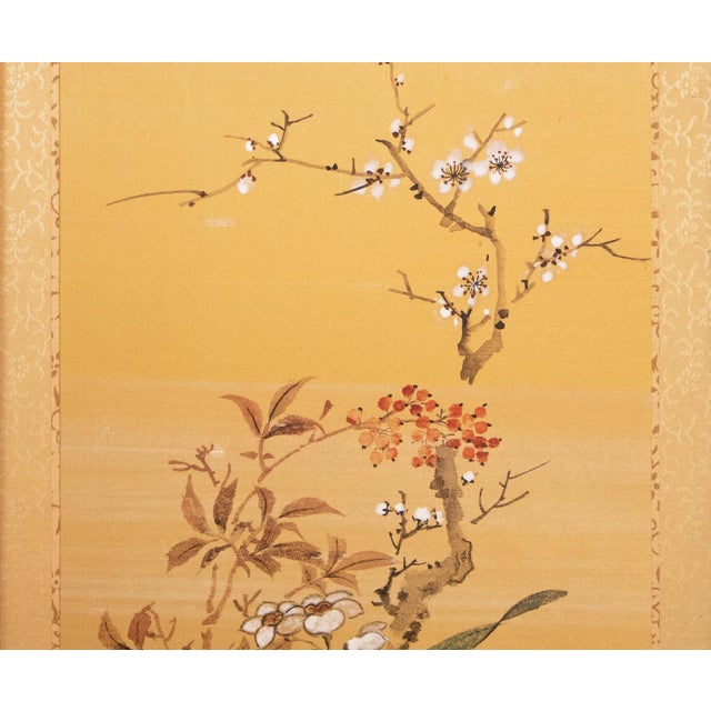 1960s 1960s Showa Era Japanese Painted Panel "Sakura and Flowers" on Gold Silk Background For Sale - Image 5 of 18