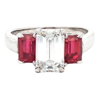 1.65 CTW Mid-Century Emerald Cut Diamond & Burmese Ruby Platinum Ring, Size 6.5 For Sale