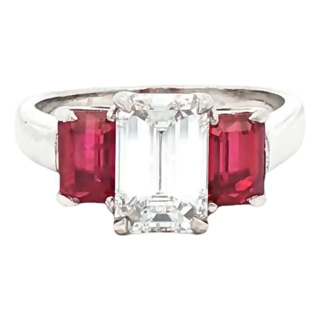 1.65 CTW Mid-Century Emerald Cut Diamond & Burmese Ruby Platinum Ring, Size 6.5 For Sale