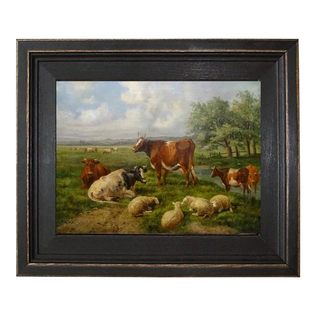 Sheep and Cows Framed Oil Painting Reproduction Print on Canvas - 8" X 10" For Sale