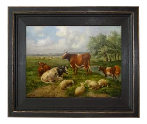 Sheep and Cows Framed Oil Painting Reproduction Print on Canvas - 8" X 10"