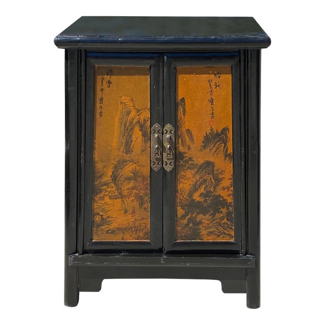 Chinese Distressed Black Yellow Scenery Graphic End Table Nightstand For Sale