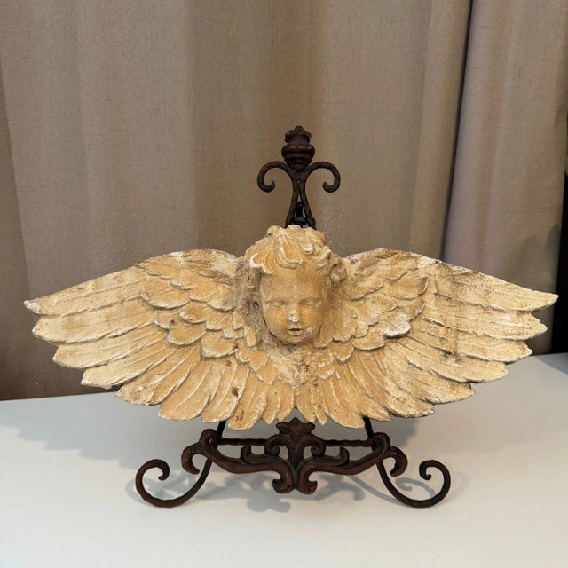 Vintage Cherub Angel Wings Wall Decor Plaque Distressed Architectural Sculpture For Sale - Image 4 of 8