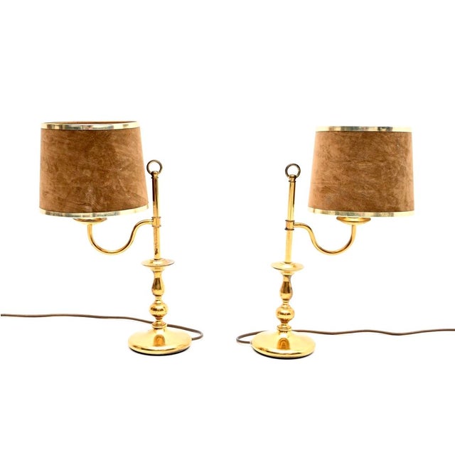 Mid-Century Modern Vintage Brass Table Lamps with Velvet Shades, 1970, Set of 2 For Sale - Image 3 of 8