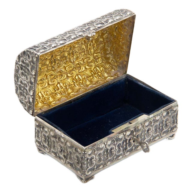 Embossed Silver Jewelry Box in the Shape of a Chest For Sale