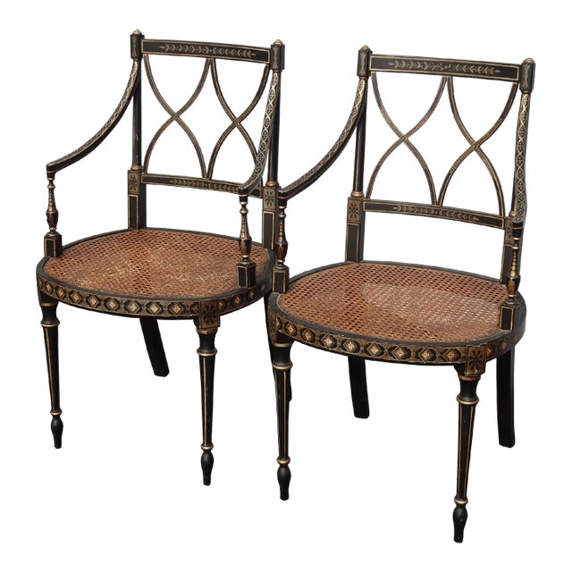 Pair of Vintage French Style Hand Painteded Cane Arm Chairs For Sale