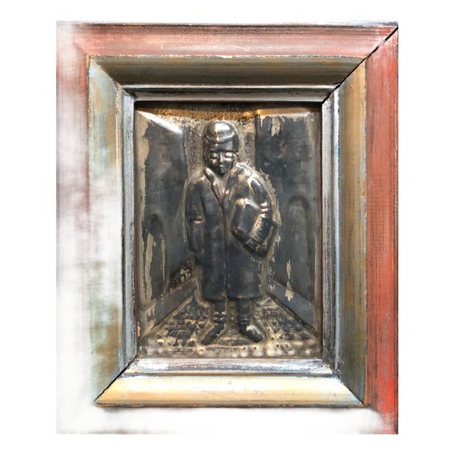 Mid 20th Century Arieh Merzer, Judaica Silvered Copper Repousse Sculpture Relief Plaque Shtetl Yeshiva Bochur For Sale