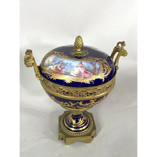 19thC Sevres Louis XVI Style Blue Porcelain Bronze Bowl Urn For Sale - Image 18 of 18