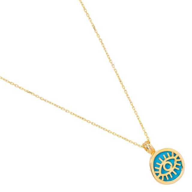 Turquoise Turquoise & Gold Round Evil Eye Pendant Talisman Necklace For Sale - Image 8 of 9