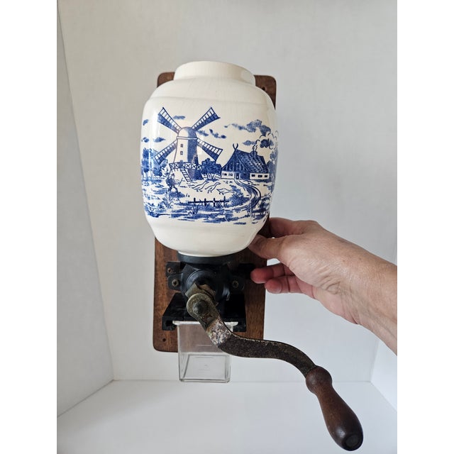 Charming Vintage Wall Mounted Manual Delft Blue Coffee Grinder for Your Country Kitchen For Sale In Miami - Image 6 of 9