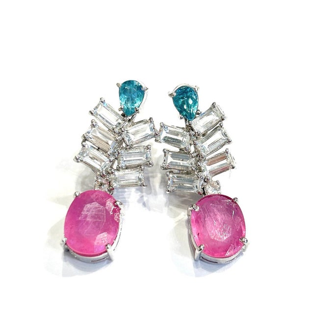 Bochic "Orient" Vintage Ruby, Topaz & Blue Appetite Earrings 18K Gold & Silver For Sale - Image 11 of 18