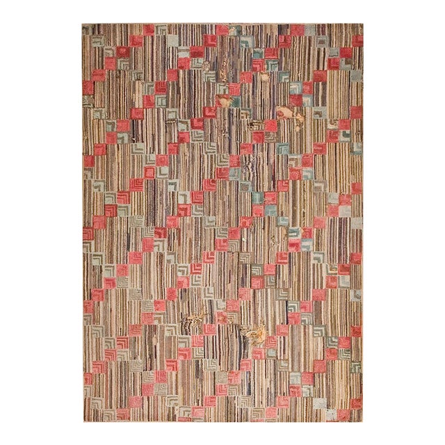 1900s Multi Color Diamond Folk Art Antique American Hooked Rug 5'9" X 8'2" Hand Knotted Fabric Wool Carpet For Sale