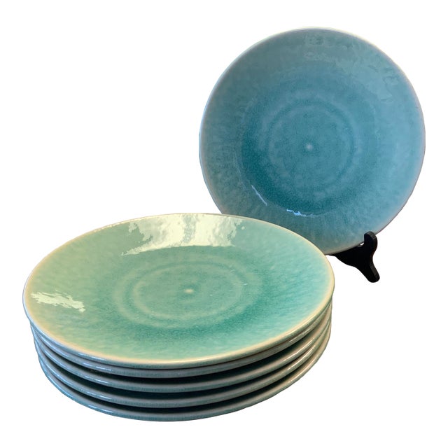 21st Century Jars Ceramics Tourron Traditional Dinner Plate 10.5” Set of Six Light Teal For Sale