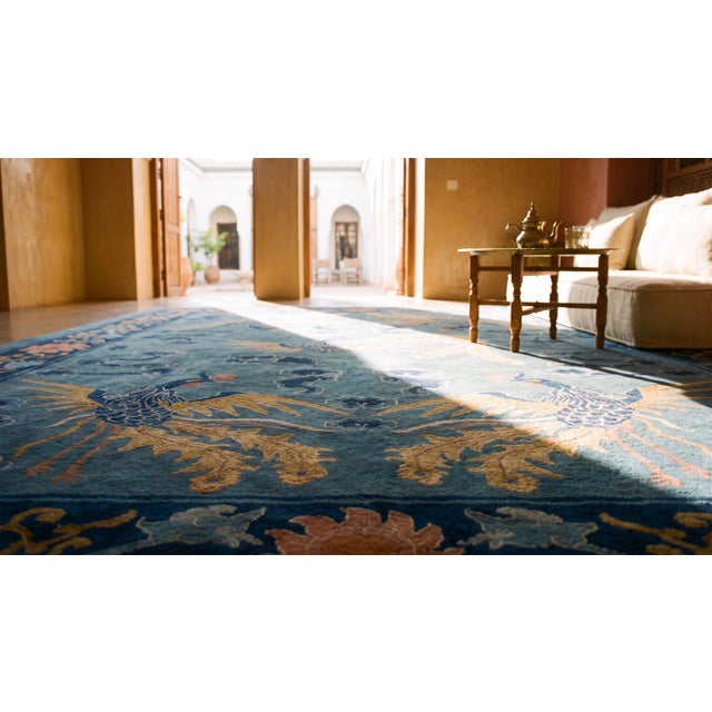 Attractive Blue-Cerulean Figurative Style and Chinoiserie Pattern Antique Chinese Peking Rug For Sale - Image 14 of 15