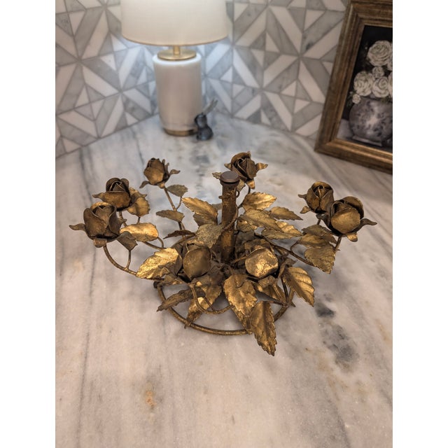 Hollywood Regency Vintage Italian Tole Gold Rose Hollywood Regency Centerpiece For Sale - Image 3 of 16