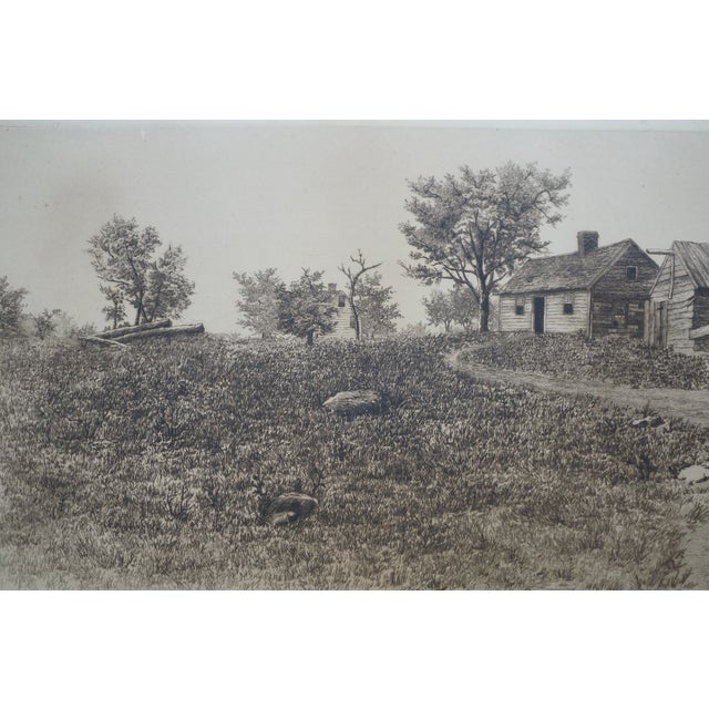 Antique Thatched Cottage Country Farmhouse Panoramic Landscape Etching 28" For Sale - Image 10 of 11