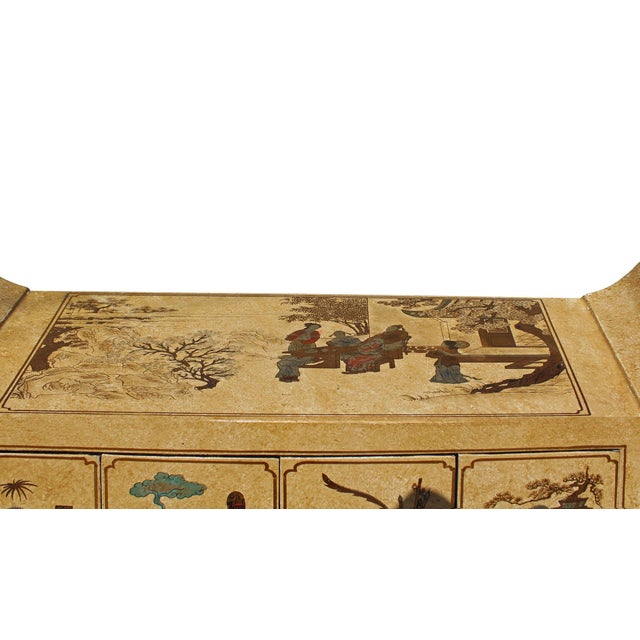 Chinese Golden Beige Veneer Print Graphic Side Table Drawers
