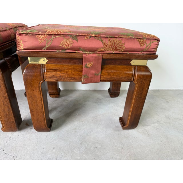 Vintage Chinese Ming Style Mahogany Stools With Floral Cushions – A Pair For Sale In Miami - Image 6 of 18