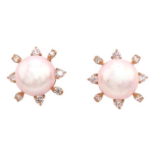 Diamond Akoya Pearl Earrings 14 Karat Yellow Gold Certified For Sale