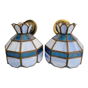 Vintage Pale Dark Blue Tiffany Style Stained Glass Small Ceiling Chandelier Light Fixtures- a Pair