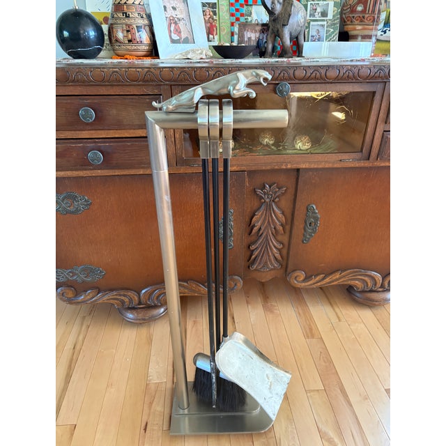 Mid-Century Modernist Danny Alessandro Steel Chrome Fireplace Tool Set with cougar cat on top of stand.