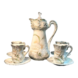 Antique Rs Prussia German Chocolate Pot With Lid Plus 4 Cups and 4 Saucers Floral With Gold