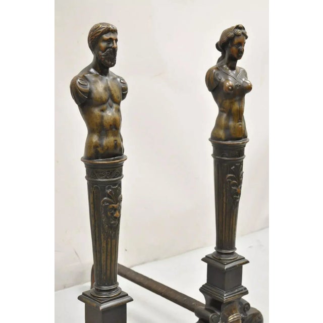 Antique French Renaissance Revival Large Figural Man and Woman Andirons - a Pair For Sale - Image 12 of 12