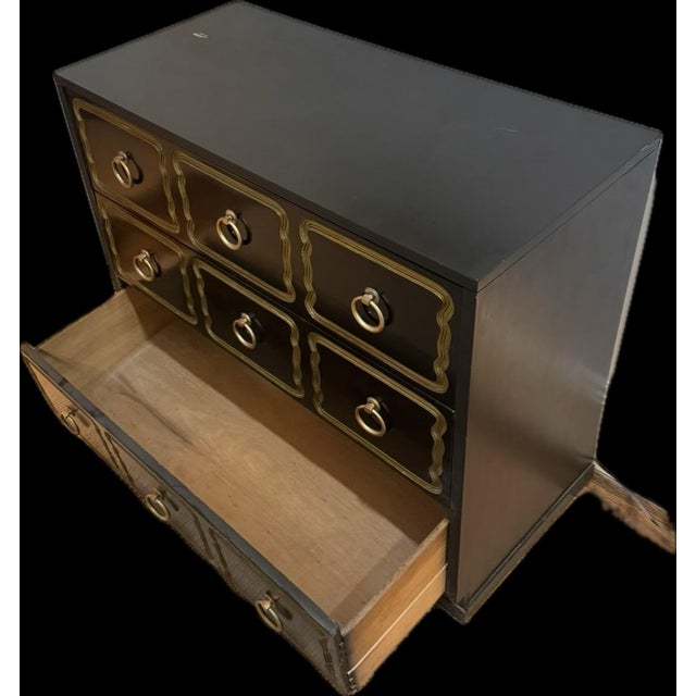 In the manner of Dorothy Draper Black lacquer with gold trim detail Replica circa 1990s