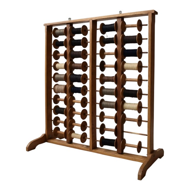 Vintage Oak Frame Cord/Yarn Bobbin Storage Rack, Circa 1940s-50s For Sale