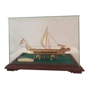 Vintage Golden Greek Warship Model Trireme Ship Table Decor Display Case