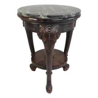 Antique Round Mahogany Side Table with Green Veined Marble Top, 1890s For Sale