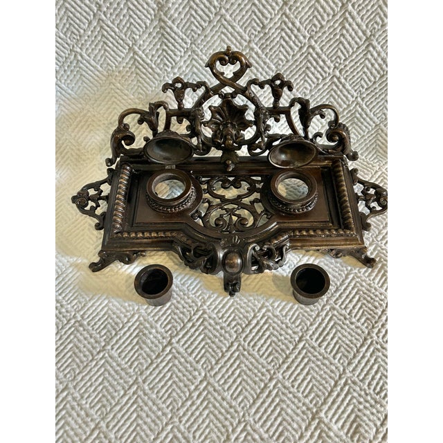 Late 19th Century Antique Bronze Victorian Rococo Revival Double Inkwell For Sale - Image 5 of 11