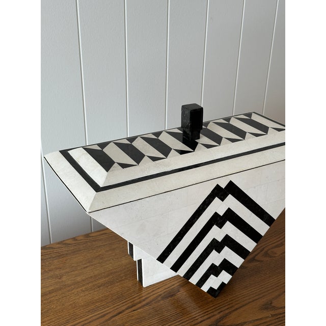 Metal Vintage Maitland-Smith Tessellated Mactan Stone Box With Marble and Brass Inlay For Sale - Image 7 of 18