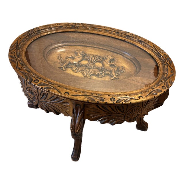 Antique French Renaissance Style Wood & Glass Top Tray Coffee Table With Carved Cherubs For Sale